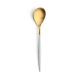 Table spoon. Sleek, luxurious and modern Cutipol cutlery pieces. Gold plated stainless steel with subtle design of white resin handle