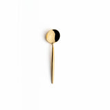Tea spoon. Sleek, luxurious and contemporary Cutipol cutlery pieces. Gold plated stainless steel, narrow, rounded handles and moon-inspired spoon heads