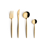 Sleek, luxurious and contemporary Cutipol cutlery pieces. Gold plated stainless steel, narrow, rounded handles and moon-inspired spoon heads