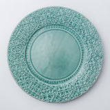 Charger plate. Subtle and modern blue/aqua green dinnerware set that was inspired by the renascence tiles.