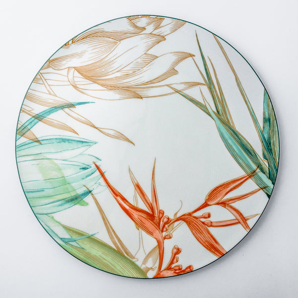 Charger plate. Dinnerware set with bright colour, modern floral notes, geometric patterns, tropical vibe.