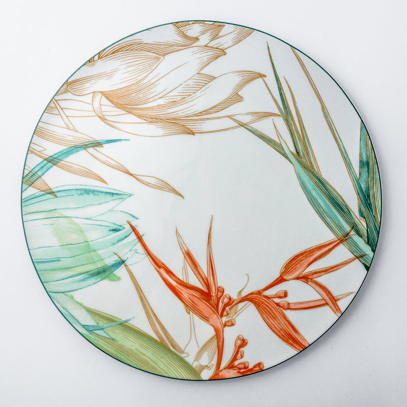 Charger plate. Dinnerware set with bright colour, modern floral notes, geometric patterns, tropical vibe.