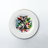Salad plate. Dessert plate. Modern and vibrant dinnerware set with tropical flower and fireflies motives.