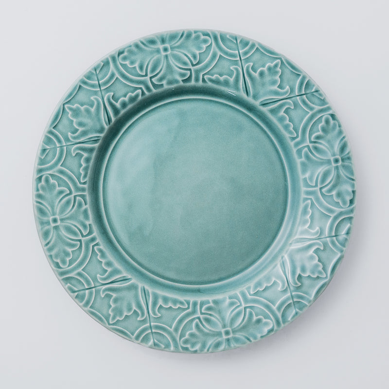 Dinner plate. Subtle and modern blue/aqua green dinnerware set that was inspired by the renascence tiles.