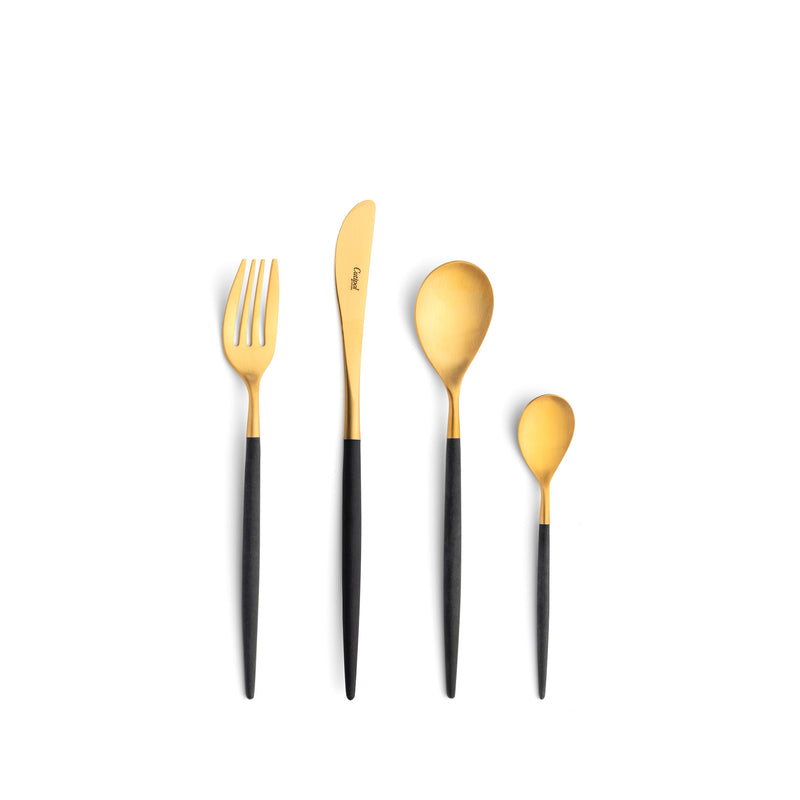 Sleek, luxurious and modern Cutipol cutlery pieces. Gold plated stainless steel with subtle design of black resin handle