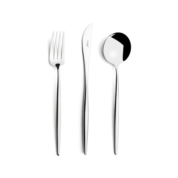 Sleek, luxurious and contemporary Cutipol cutlery pieces. Stainless steel, narrow, rounded handles and moon-inspired spoon heads