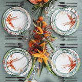 Dinnerware set with bright colour, modern floral notes, geometric patterns, tropical vibe.