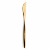 Dinner knife. Sleek, luxurious and contemporary Cutipol cutlery pieces. Gold plated stainless steel, narrow, rounded handles and moon-inspired spoon heads