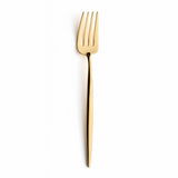 Dinner fork. Sleek, luxurious and contemporary Cutipol cutlery pieces. Gold plated stainless steel, narrow, rounded handles and moon-inspired spoon heads