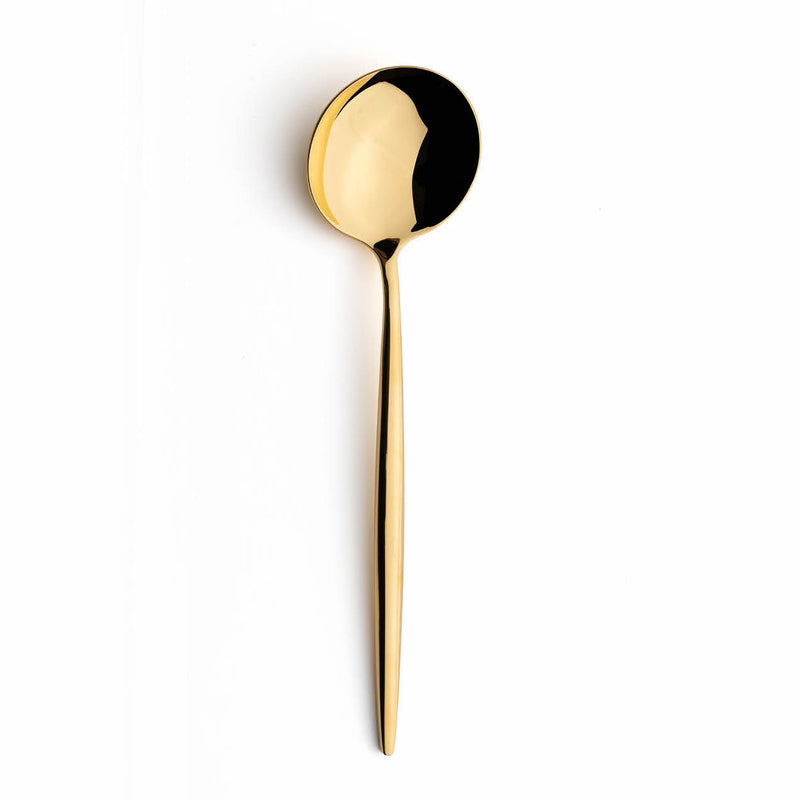 Table spoon. Sleek, luxurious and contemporary Cutipol cutlery pieces. Gold plated stainless steel, narrow, rounded handles and moon-inspired spoon heads