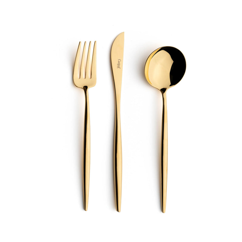 Sleek, luxurious and contemporary Cutipol cutlery pieces. Gold plated stainless steel, narrow, rounded handles and moon-inspired spoon heads.