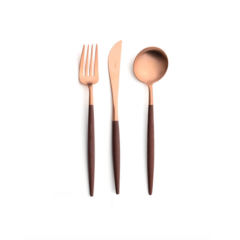 Sleek, luxurious and modern Cutipol cutlery pieces. Rose Gold plated stainless steel with subtle design of brown resin handle