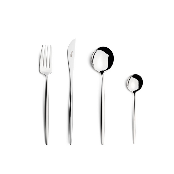 Sleek, luxurious and contemporary Cutipol cutlery pieces. Stainless steel, narrow, rounded handles and moon-inspired spoon heads